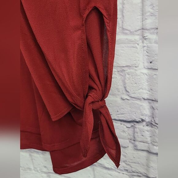 Cato 18/20 Burgundy Chiffon Blouse Off Shoulder Bow Tie Sleeve Women's Plus Top - Picture 3 of 10